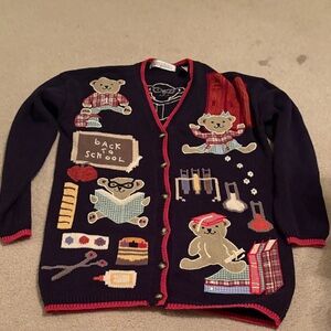 Karen Scott Navy and Red Teacher Cardigan